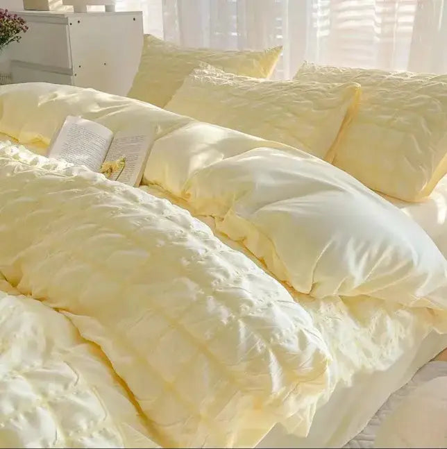 Soft pale yellow decorbites girls bubble gauze bedding set with ruched texture and satin-like finish for easy sleep