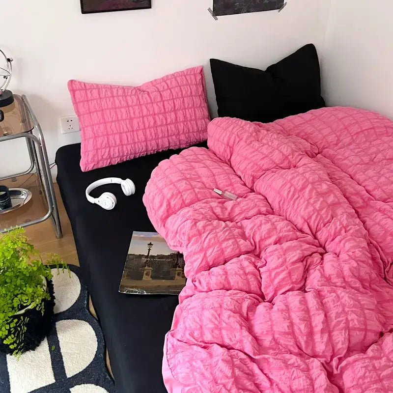 Pink quilted comforter with diamond stitched pattern from decorbites girls bubble gauze bedding set for soft summer comfort