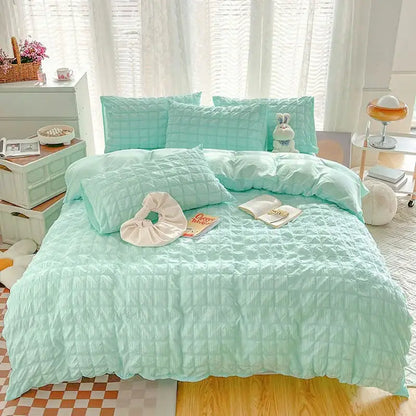 Mint green quilted girls bubble gauze bedding set by decorbites with ruffled edges and matching pillows for soft summer comfort
