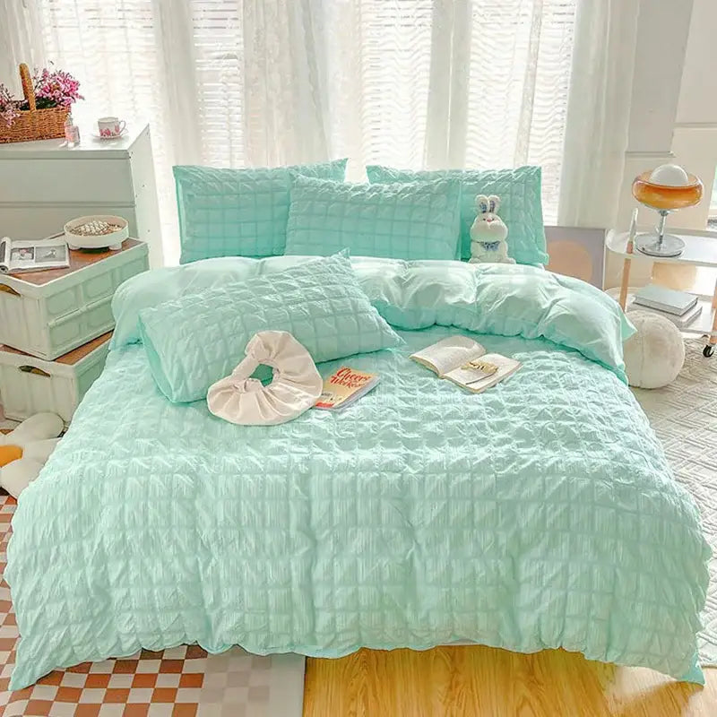 Mint green quilted girls bubble gauze bedding set by decorbites with ruffled edges and matching pillows for soft summer comfort
