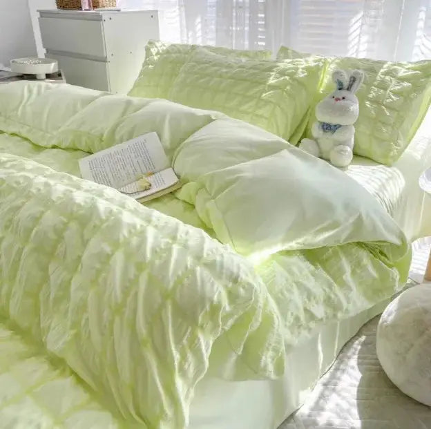 Linen-textured pale green decorbites girls bubble gauze bedding set with soft airy cotton for summer comfort and skin-friendly sleep