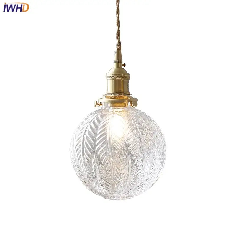 DecorBites Glabe glass pendant light fixture with intricate leaf etching and brass finish for bedroom and kitchen lighting