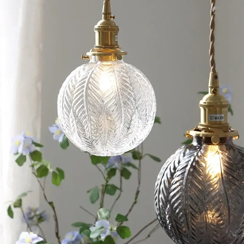 DecorBites glabe glass LED pendant light fixture with leaf etching and brass hardware for Nordic modern interiors