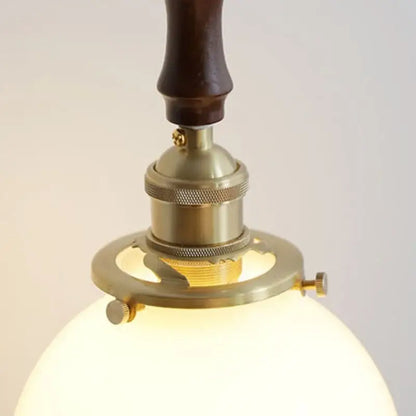 Decorbites glabe led pendant lamp with warm brass finish dark walnut wood handle and frosted glass globe