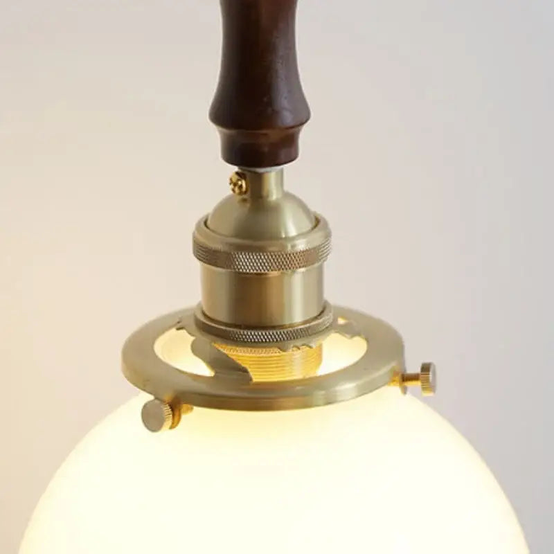 Decorbites glabe led pendant lamp with warm brass finish dark walnut wood handle and frosted glass globe