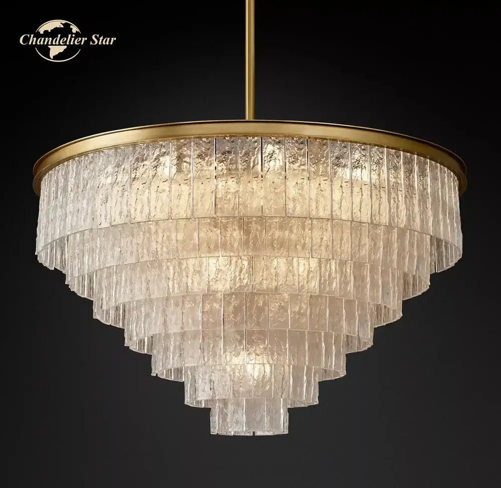 Gold-toned decorbites glace modern glass chandelier with tiered textured glass panels for living and dining rooms