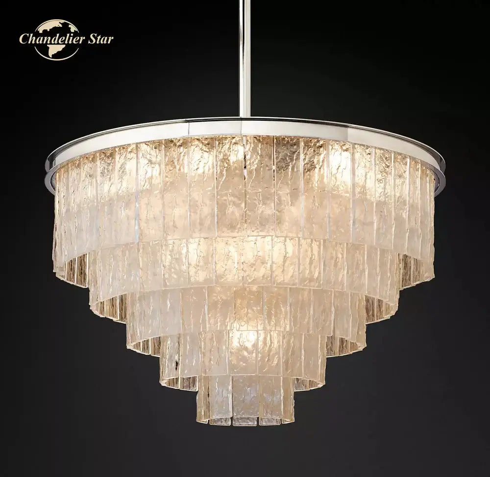 A decorbites glace modern multi-tiered chandelier with textured translucent glass panels and polished chrome frame