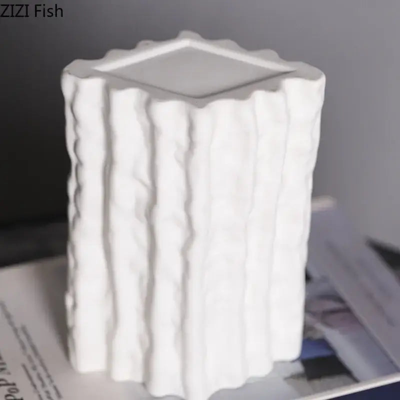 White ceramic decorbites glacial ceramic vase with vertical ridged texture and square top for desk decoration