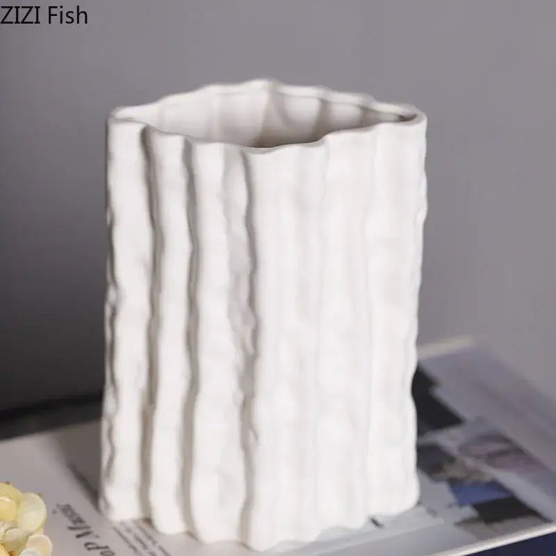 White ceramic vase with vertical ridged texture decorbites glacial ceramic vase for hydroponic flowers and room decor
