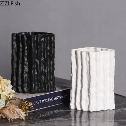 Black and white ceramic vases with vertical ribbed texture from decorbites glacial ceramic vase collection for room decor