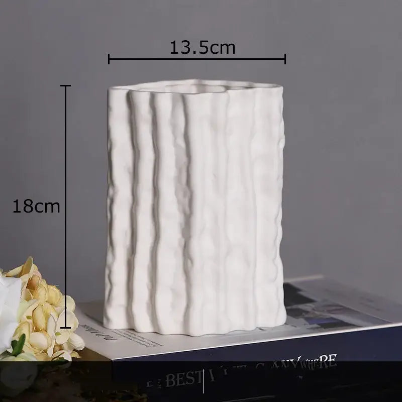White ceramic vase with vertical ridged texture, 13.5cm wide and 18cm tall for decorbites glacial ceramic vase decor