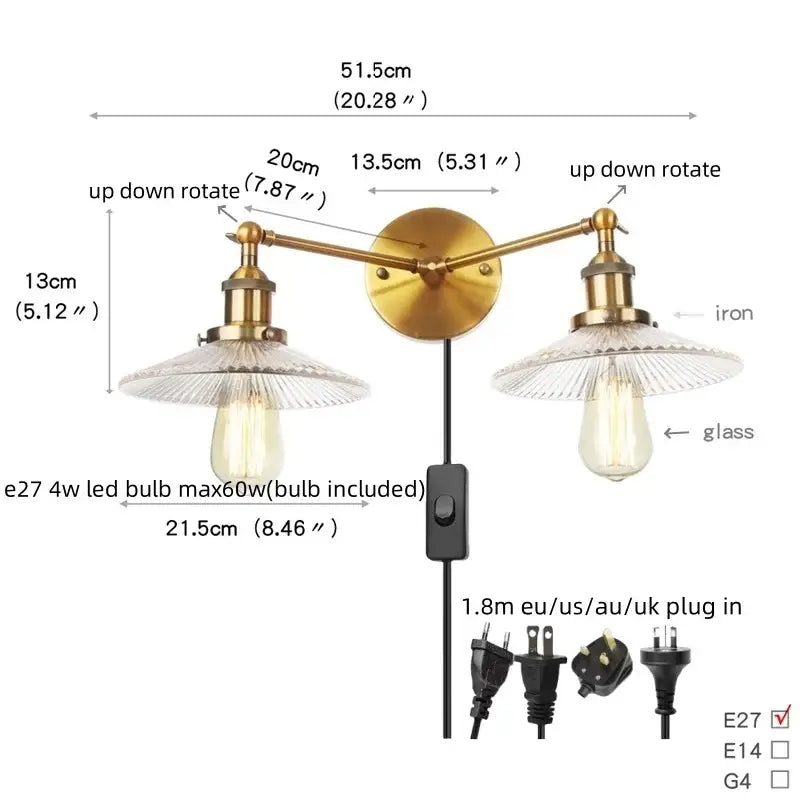 Brass-finished DecorBites™ wall sconce with dual arms clear glass shades and pull chain switch for bedroom and bathroom