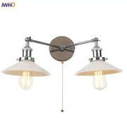 DecorBites™ glass wall sconce with chrome metal arms, off-white ceramic shades, and pull chain switch for bedroom use