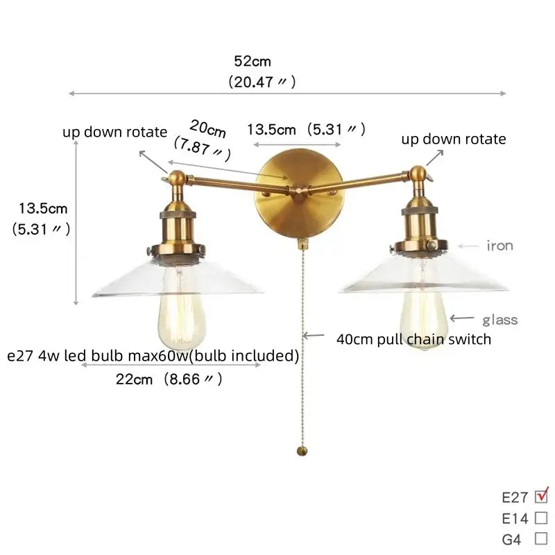 Brass-finished decorbites™ glass 2-light wall sconce with pull chain switch and adjustable arms for bedroom and bathroom