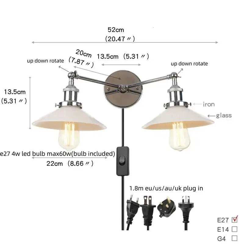 Decorbites™ glass 2-light wall sconce with chrome iron arms frosted glass shades and pull chain switch for bedroom and bathroom