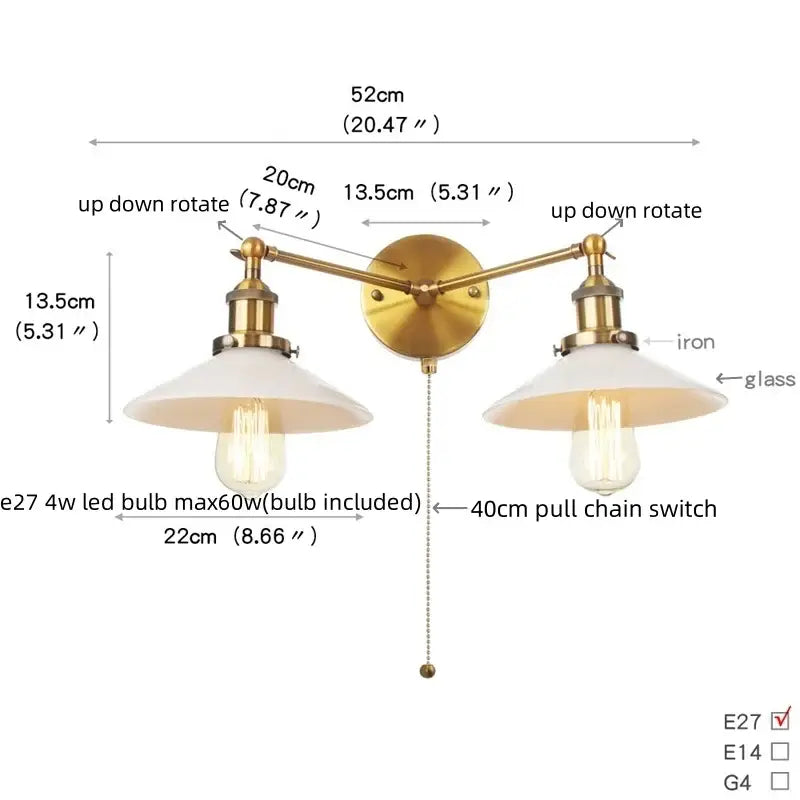 Decorbites™ glass 2-light brass wall sconce with frosted shades and pull chain switch for bedroom and bathroom use