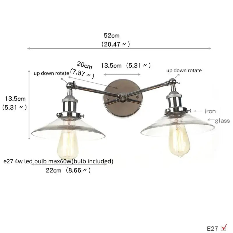 Industrial-style double-arm chrome iron wall sconce with clear glass shades and pull chain switch for bedroom and bathroom