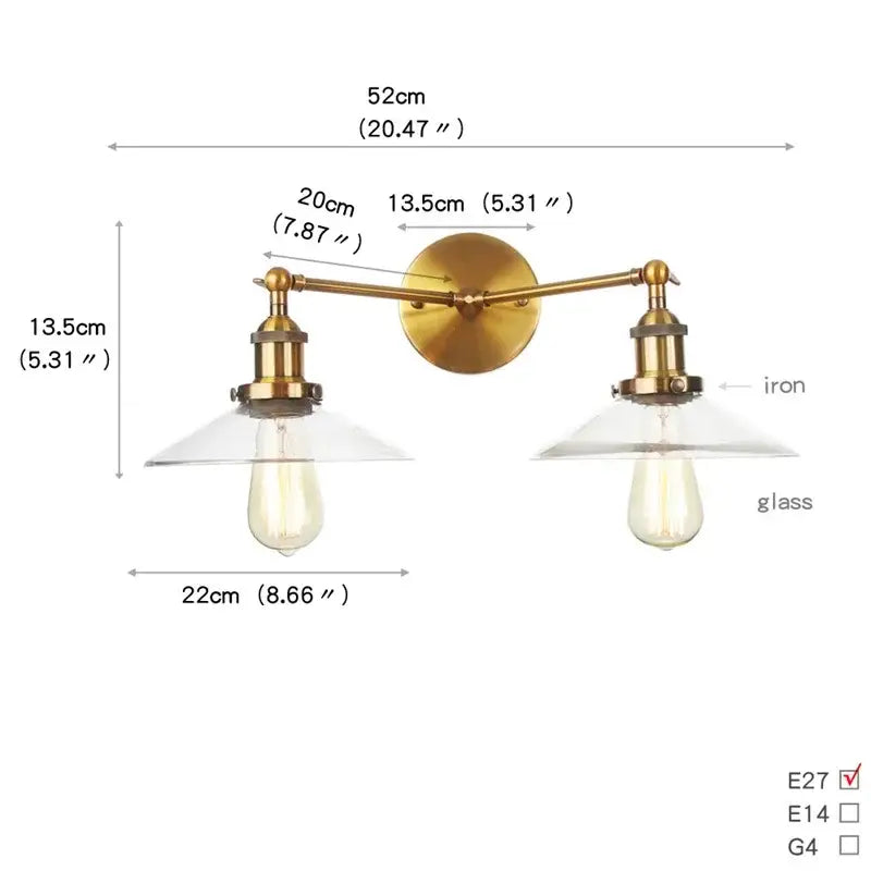 Brass-finished decorbites glass 2-light wall sconce with clear shades and pull chain switch for bedroom and bathroom