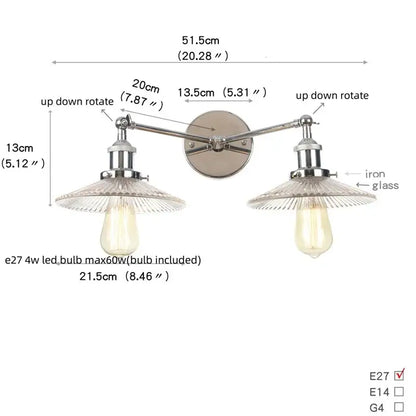 Decorbites™ glass 2-light polished chrome wall sconce with pull chain switch and vintage edison bulbs for bedroom and bathroom