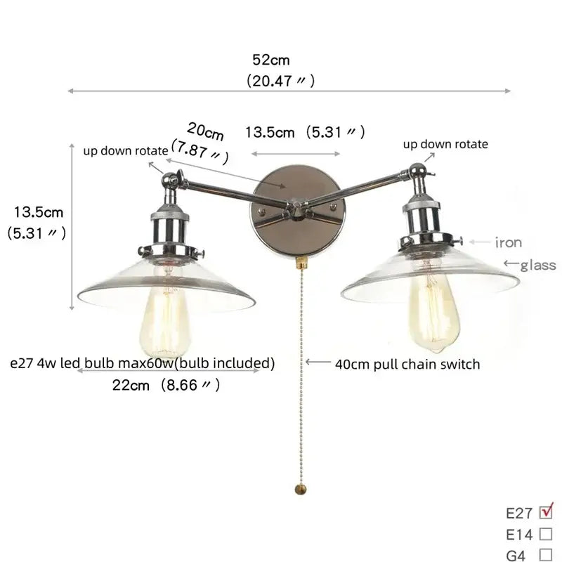 Decorbites glass 2-light wall sconce with chrome iron arms clear glass shades and pull chain switch for bedroom and bathroom