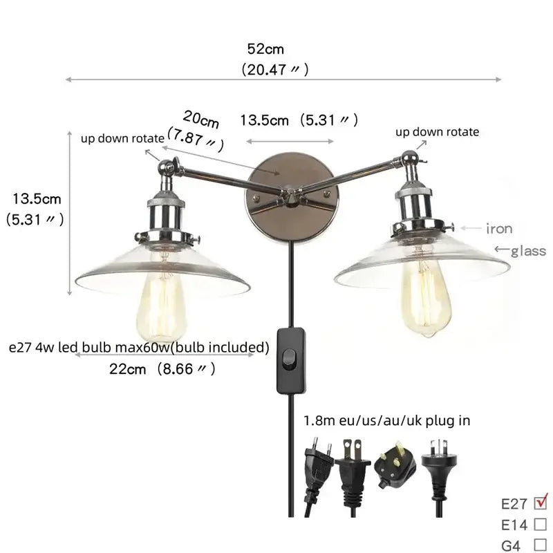 DecorBites glass 2-light wall sconce with chrome iron arms clear glass shades vintage Edison bulbs and pull chain switch