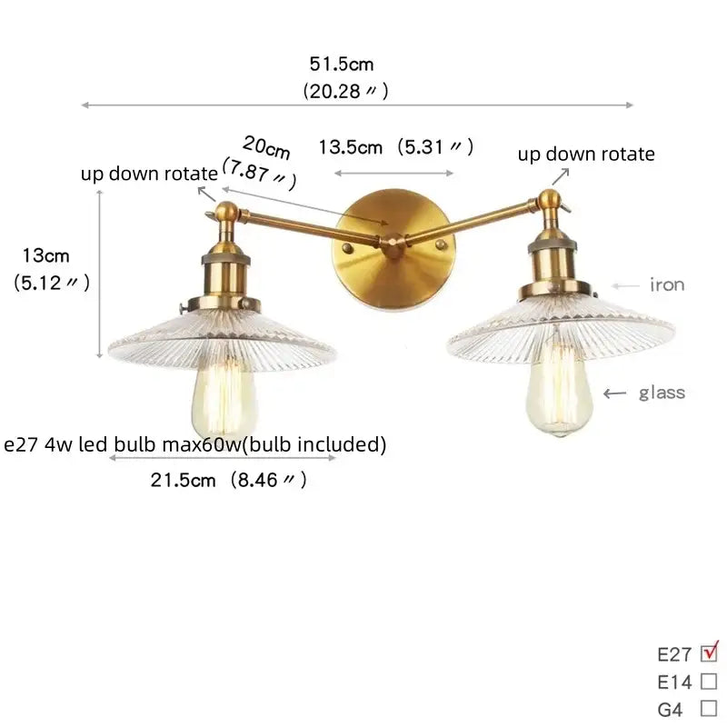 Brass-finished decorbites wall sconce with two adjustable glass shades and pull chain switch for bedroom and bathroom