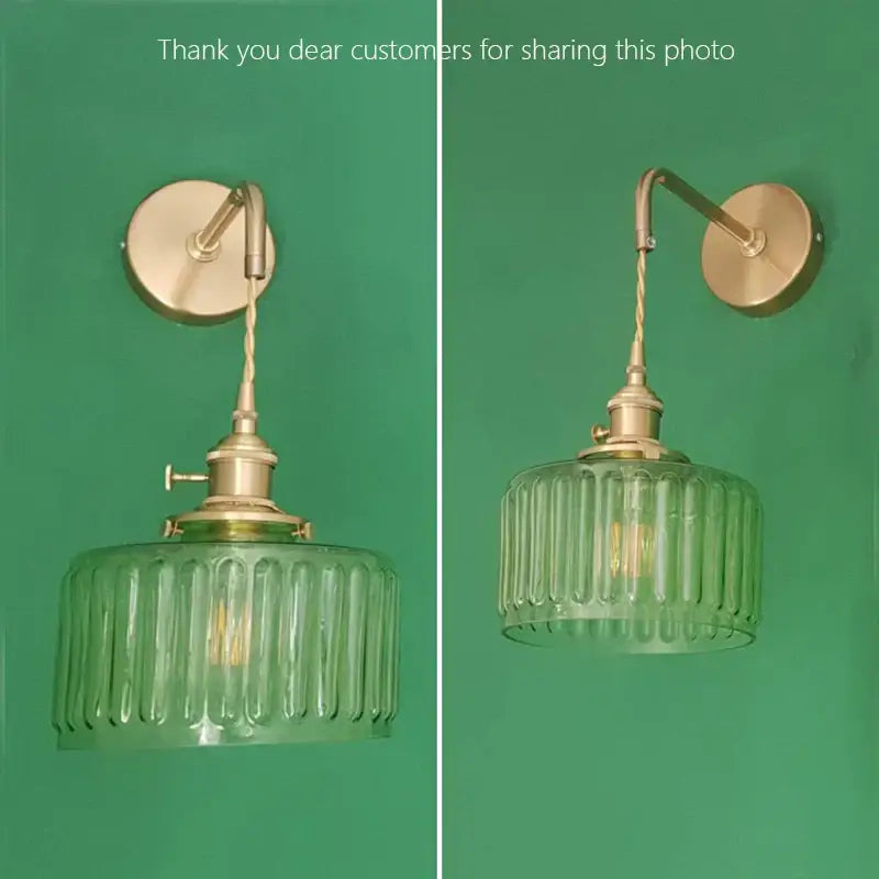 Vintage-style DecorBites glass adjustable LED wall light with brass fixture and green ribbed glass shade for home decor