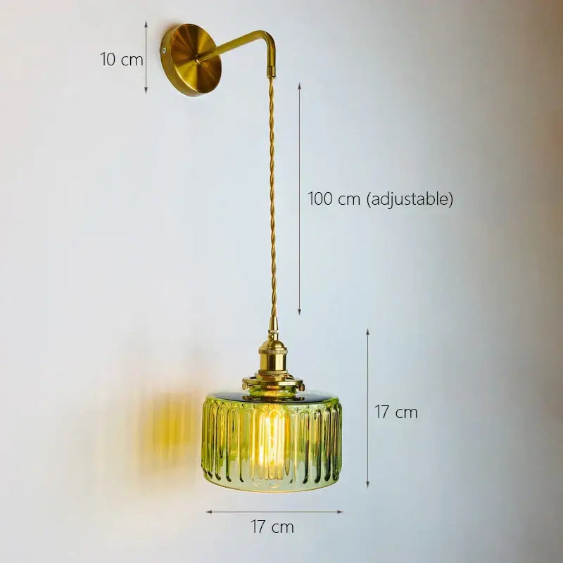 Brass-finished decorbites glass adjustable led wall light with ribbed green glass shade and adjustable cord for bedroom decor