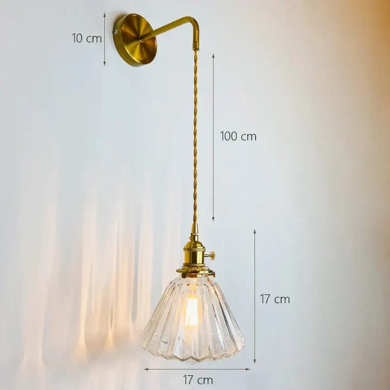 Vintage-style brass decorbites glass adjustable led wall light with twisted cord and clear fluted glass shade for bedroom decor