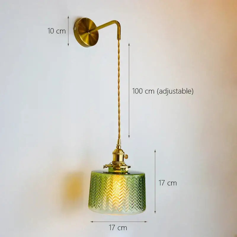 Vintage-style brass decorbites glass adjustable led wall light with green textured glass shade and twisted adjustable cord