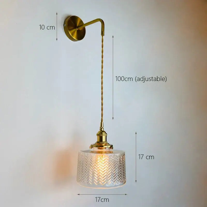 DecorBites glass adjustable wall light with brass finish and clear textured chevron glass shade for bedroom decor