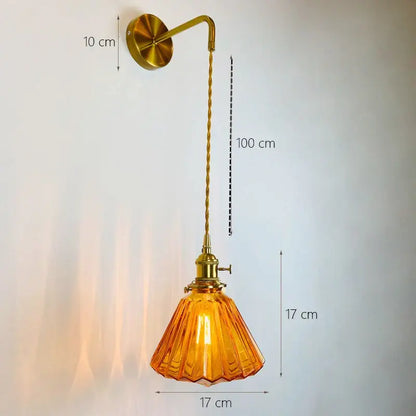 Vintage-style brass decorbites glass adjustable led wall light with twisted cord and amber fluted glass shade for bedroom