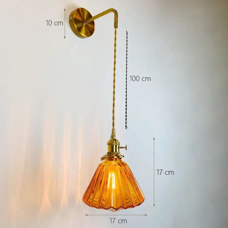 Vintage-style brass decorbites glass adjustable led wall light with twisted cord and amber fluted glass shade for bedroom