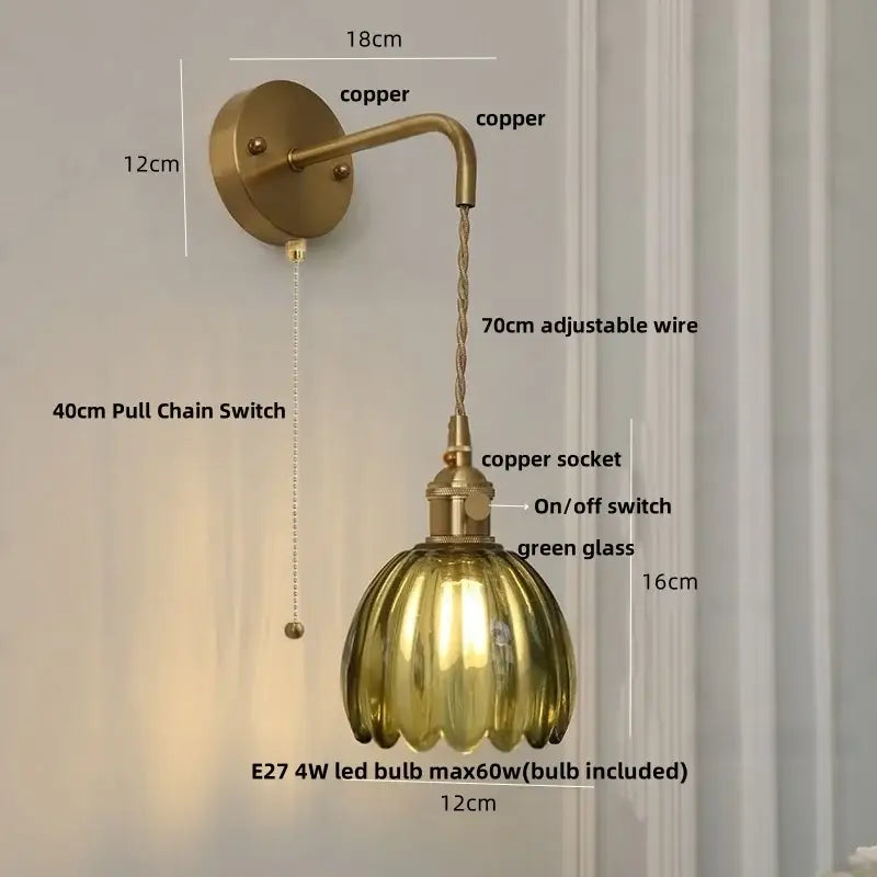 DecorBites glass adjustable wall lamp with antique brass finish, textured green glass shade, and copper wire pull chain switch