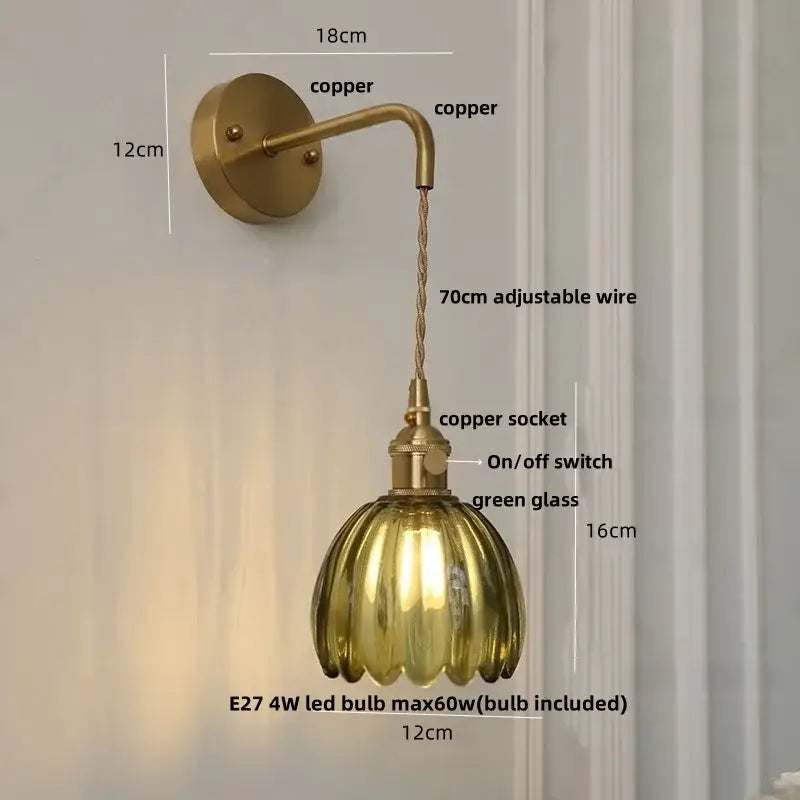 Decorbites glass adjustable led wall lamp with brass-finished copper arm and ribbed green glass shade modern nordic design