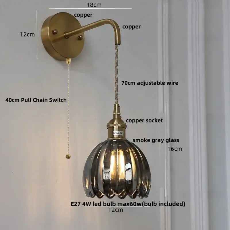 Antique brass-finished decorbites glass adjustable wall lamp with fluted smoke gray glass shade and copper wire