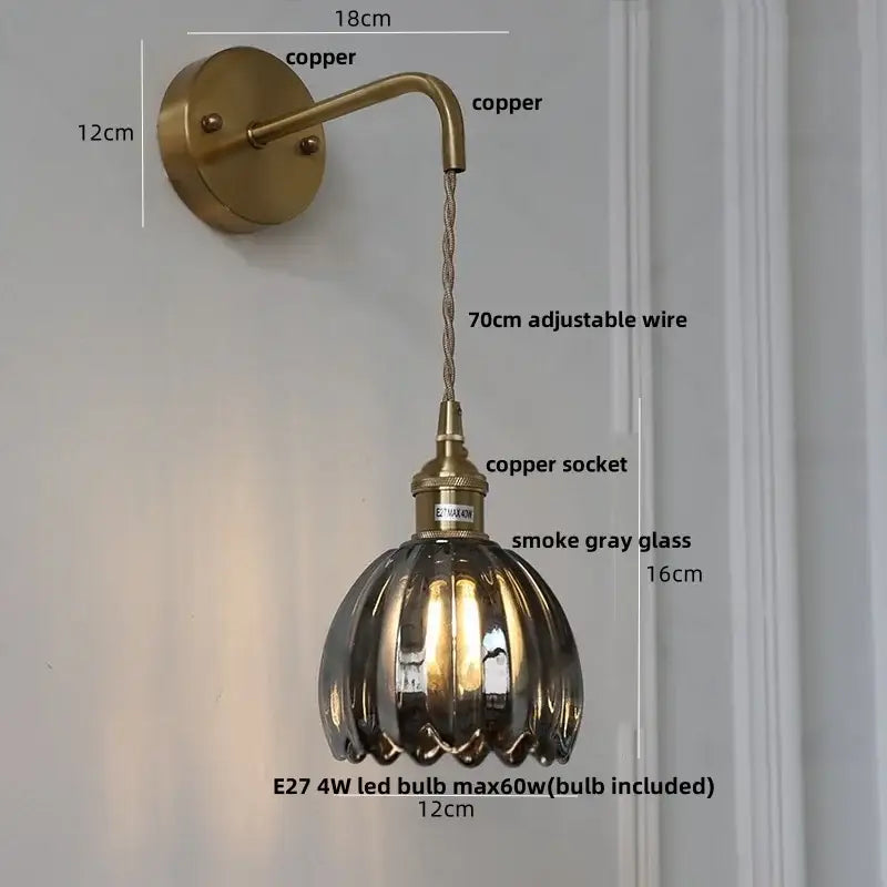 Antique brass-finished DecorBites glass adjustable wall lamp with fluted smoke gray shade and copper wire pull chain switch