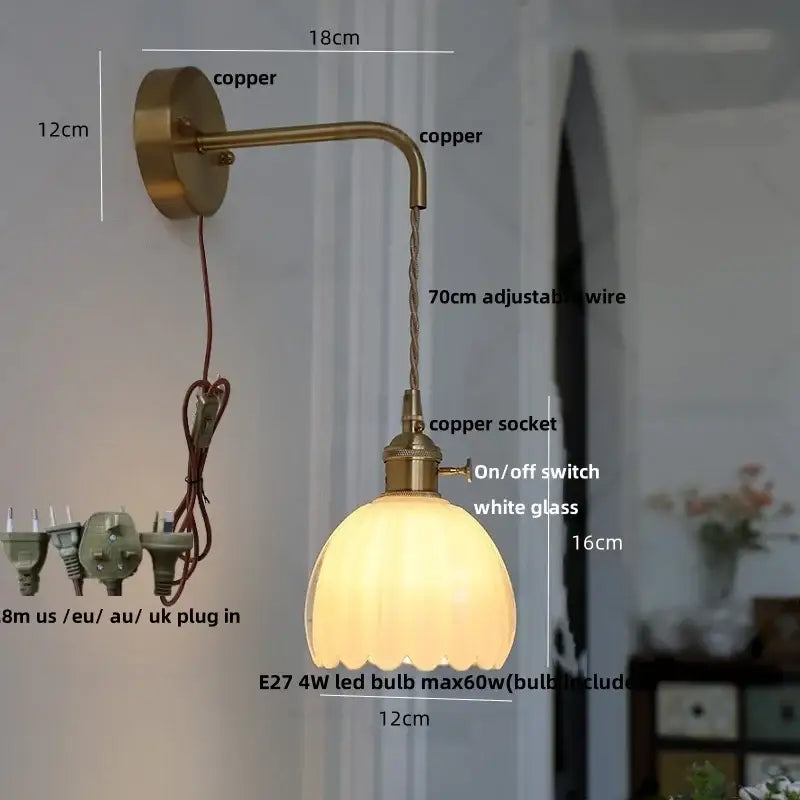Copper-finished decorbites glass adjustable wall lamp with white glass shade and pull chain switch in modern nordic design