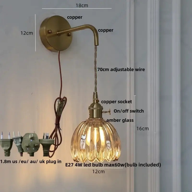Copper decorbites glass adjustable wall lamp with amber glass shade and 70cm wire, modern Nordic glass adjustable LED design
