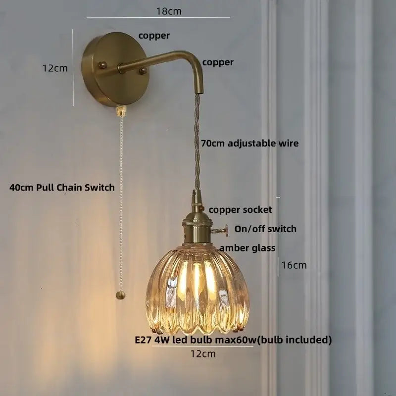 Copper-finished decorbites glass adjustable led wall lamp with textured amber glass shade and pull chain switch