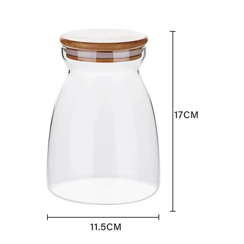 DecorBites glass airtight canister with clear glass body and natural wood lid for kitchen food storage solutions