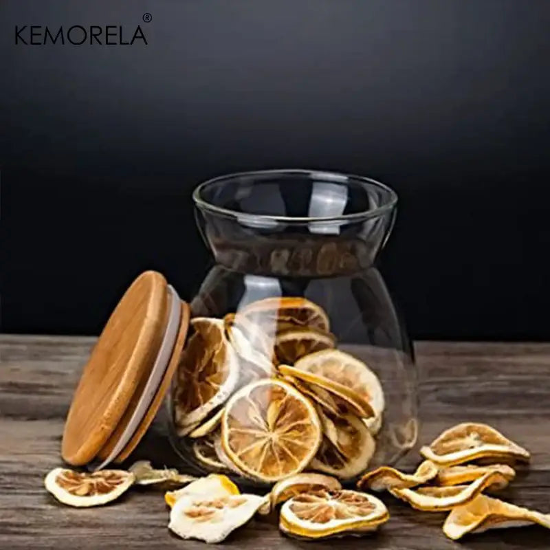 Decorbites glass airtight canister with bamboo lid filled with dried orange slices for kitchen storage