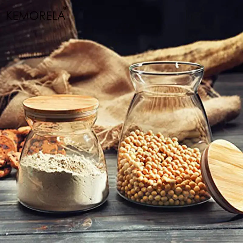 Decorbites glass airtight clear glass storage jars with bamboo lids containing flour and soybeans for kitchen storage