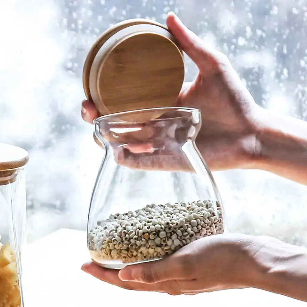 Clear glass airtight canister decorbites glass airtight with bamboo lid filled with green coffee beans for kitchen storage