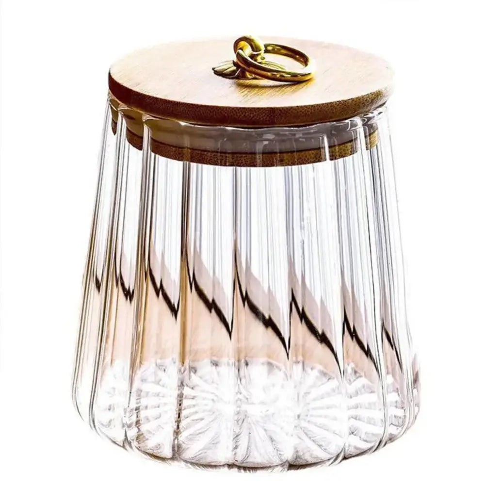 Decorbites glass airtight canister with clear glass ridges and wooden lid featuring gold ring handle for kitchen storage