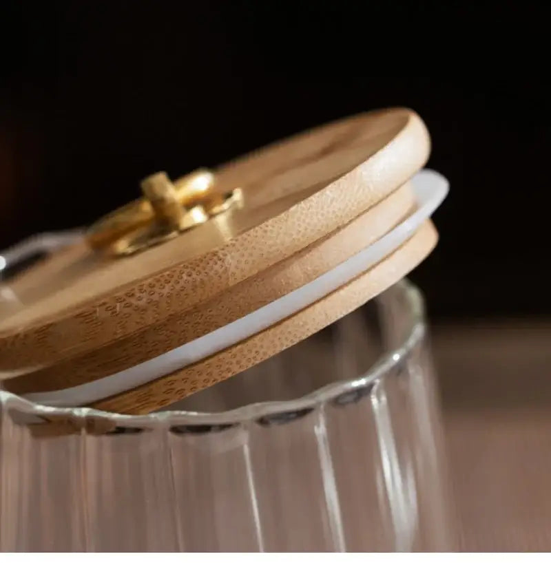 Clear glass decorbites glass airtight canister with wooden lid gold-toned clasp and white silicone seal for kitchen storage