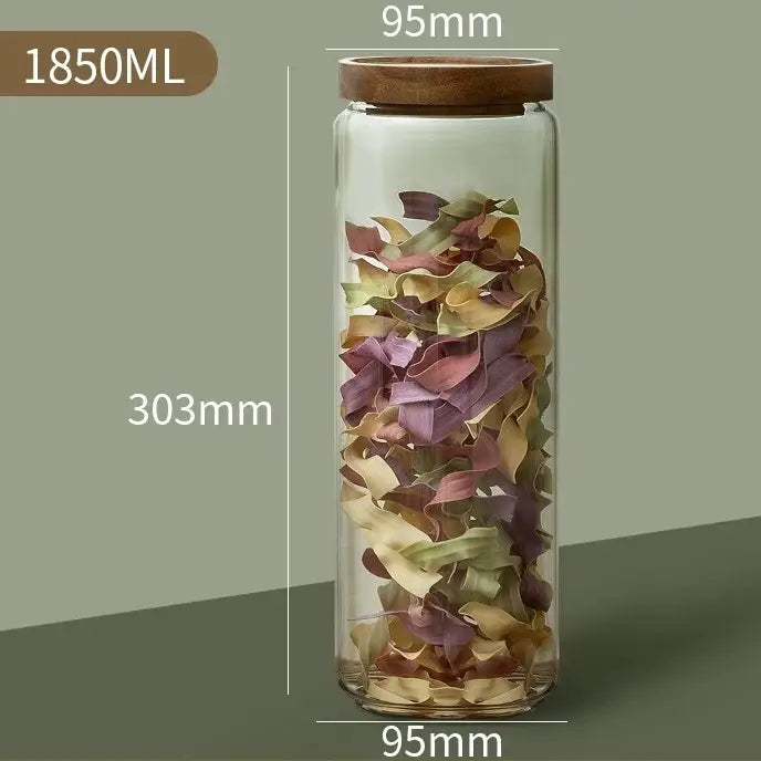 A tall clear decorbites glass airtight canister with wooden lid 1850ml capacity for versatile kitchen storage
