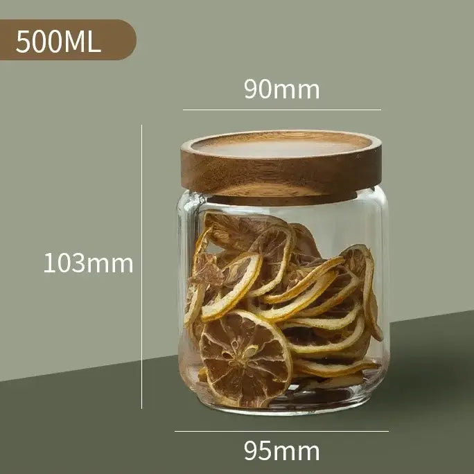 Clear glass jar with wooden lid filled with dried lemon slices decorbites glass airtight canister for kitchen storage