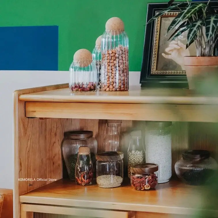 Clear ribbed decorbites glass airtight canisters with cork stoppers in various sizes for versatile kitchen storage