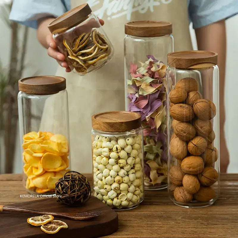 Clear glass airtight canisters with wooden lids by decorbites glass airtight for versatile kitchen storage of dried foods